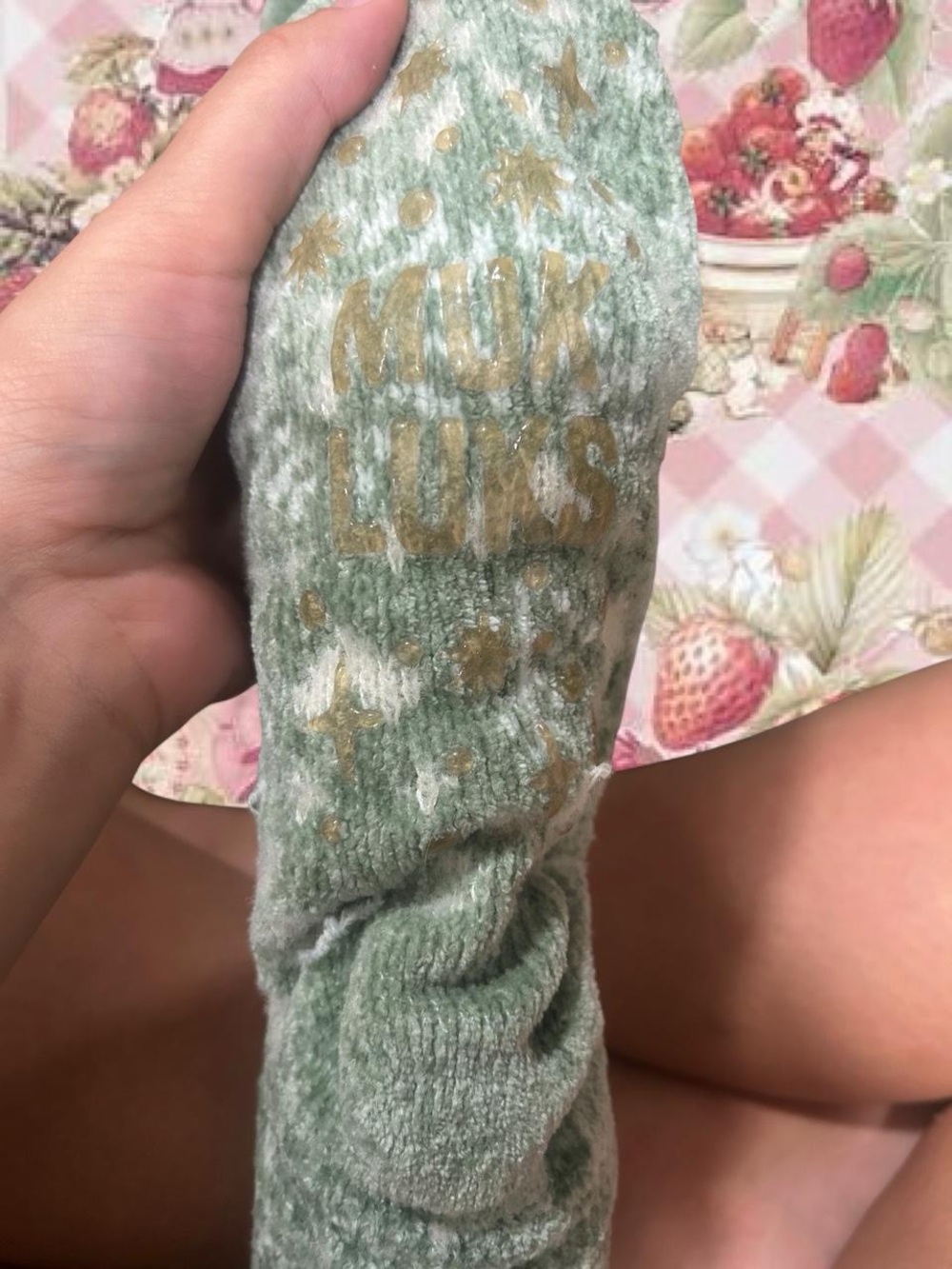 Muk Luks Sage Green Cozy Grip Socks with Gold Accents